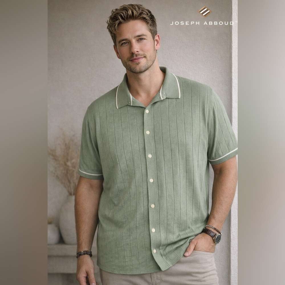 Joseph Abboud Modern Fit Ribbed Button-Up Shirt Men’s 3X Green Short Sleeve - Picture 1 of 7